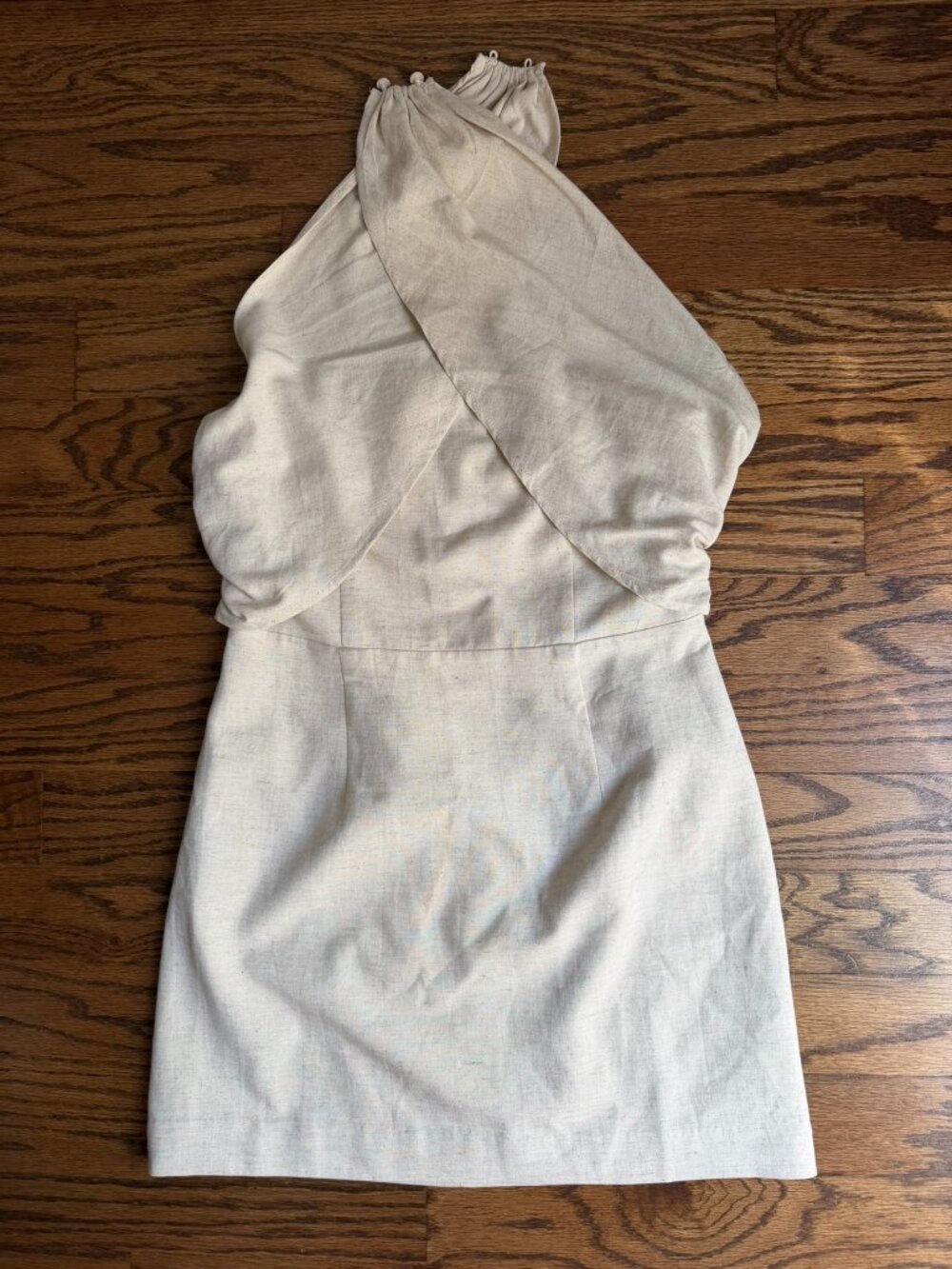 COMMENSE Cross Halter Cotton Linen Mini Dress Beige NWT Size M